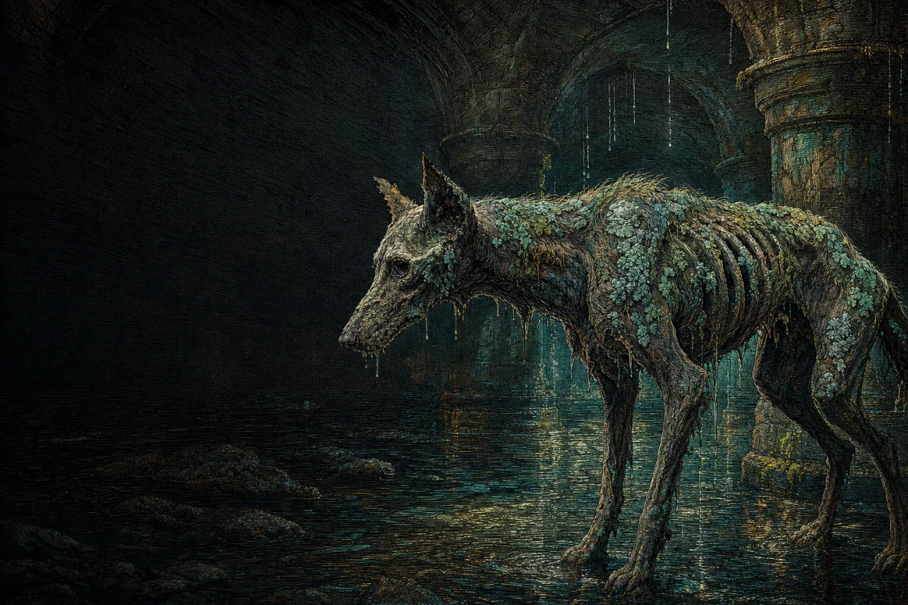 A gaunt hound mottled with verdigris blooms stands in the amber water of a vaulted undercroft.