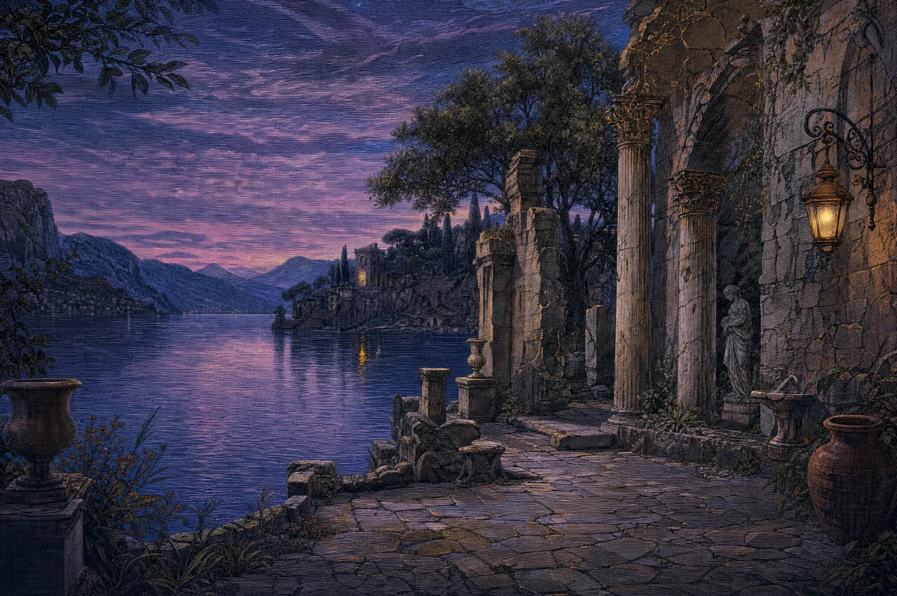 Blue-violet dusk settles over still water and a ruined lakeside colonnade lit by one amber lantern.