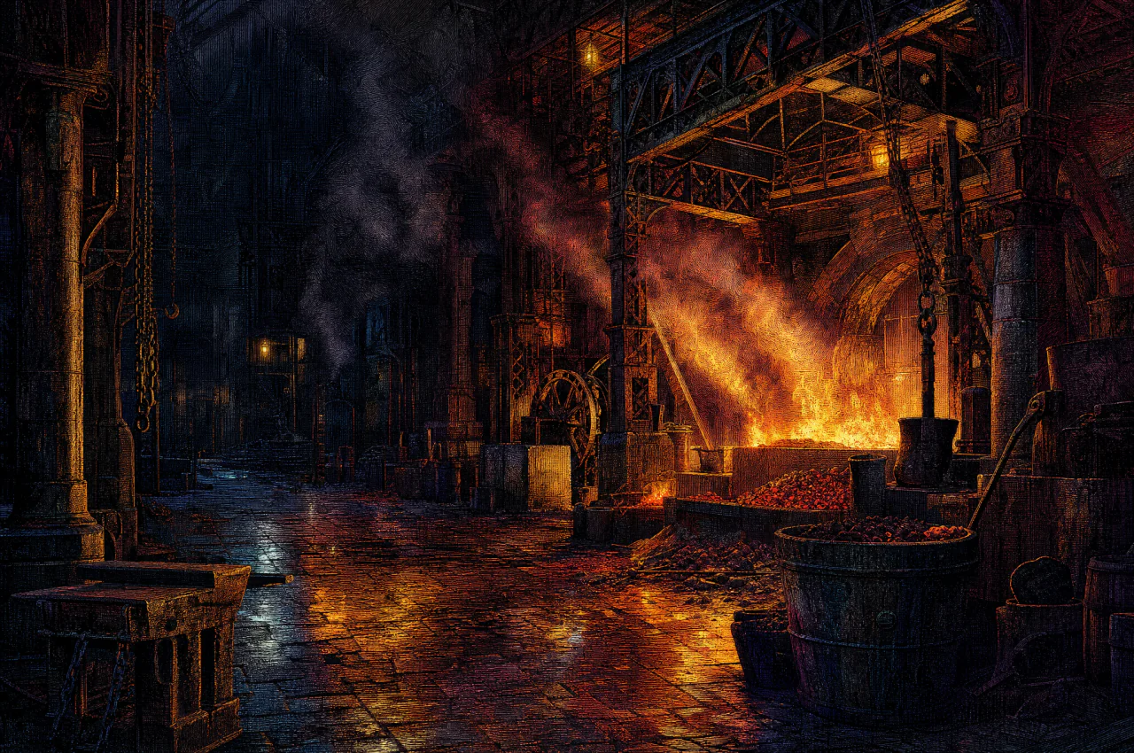 An immense black foundry glows around an open furnace, its wet floor reflecting ember and blue light.