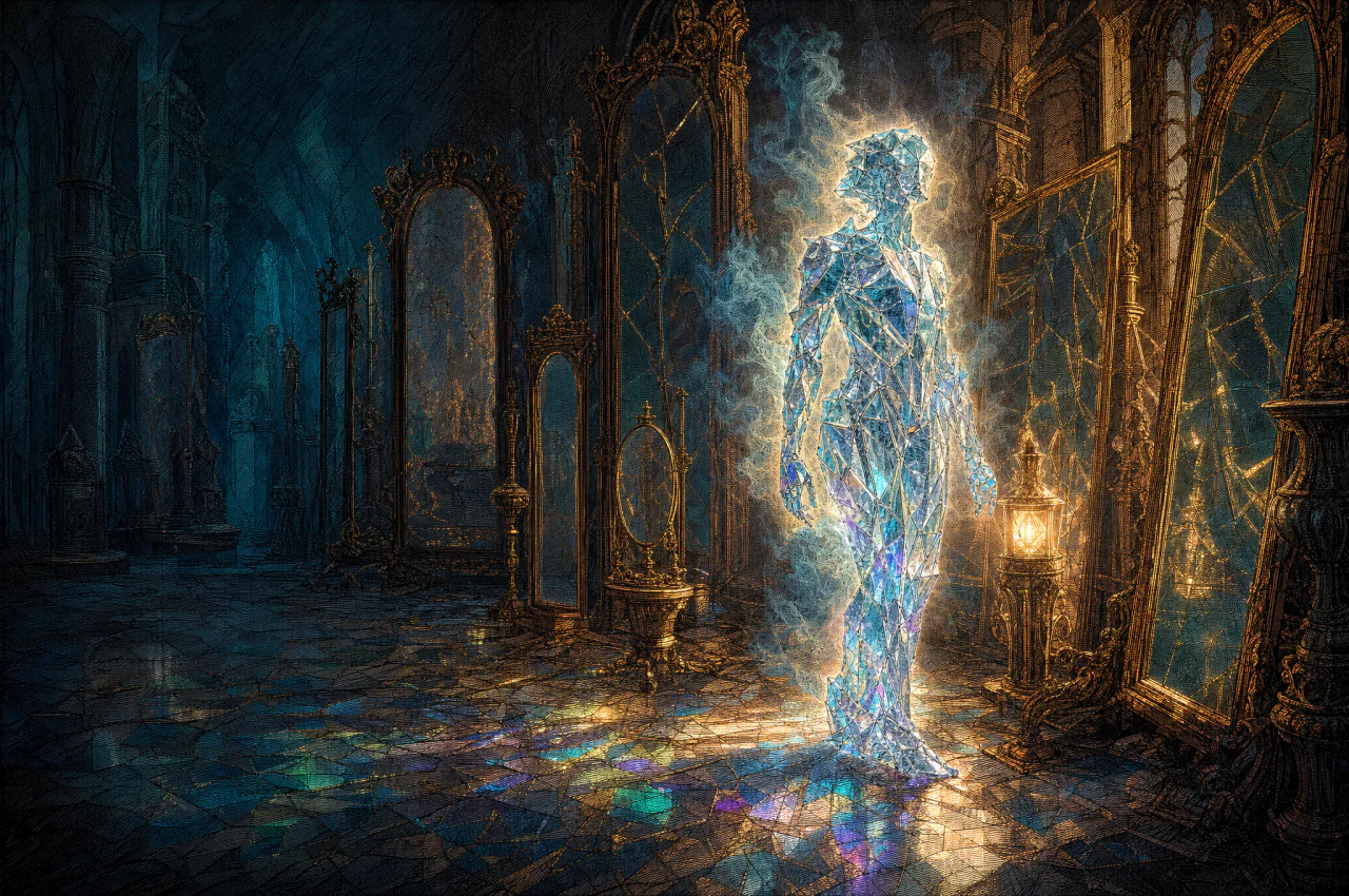A cold blue-white figure made of fractured glass stands among warm amber mirrors, scattering coloured light across the floor.
