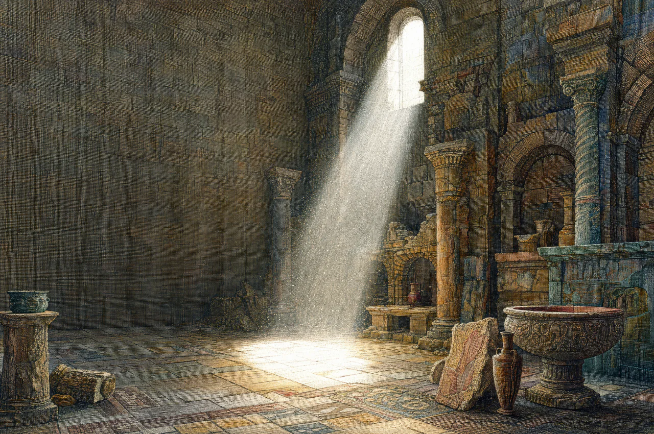 A hard white shaft of light falls through a high window into a quiet stone chamber.