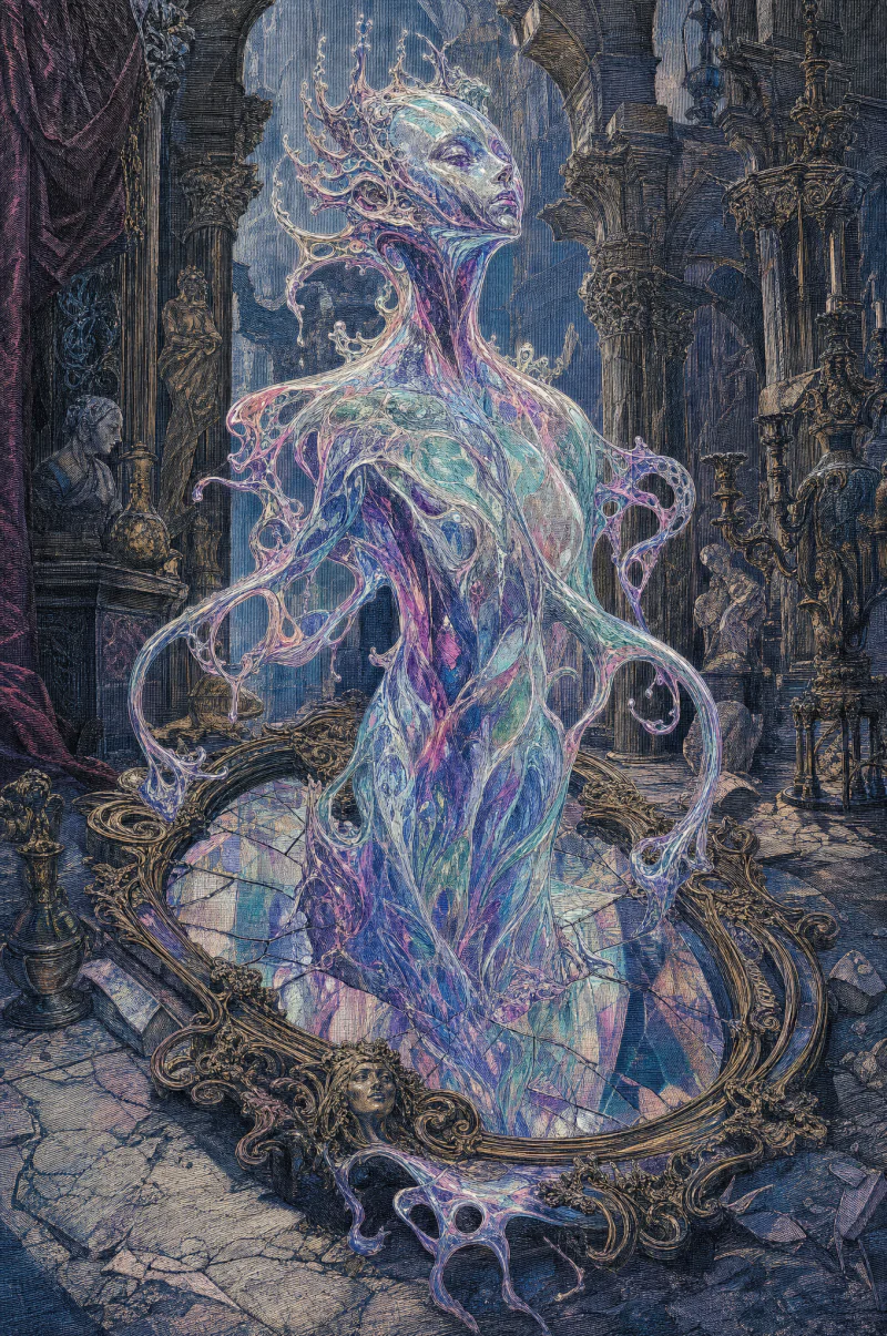 An iridescent teal, violet and rose figure rises fluidly through an ornate cracked mirror.