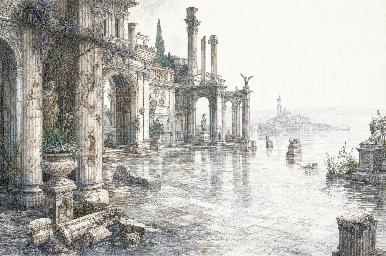 A near-silver flooded courtyard of broken classical arches, flowers and distant water under an overcast sky.