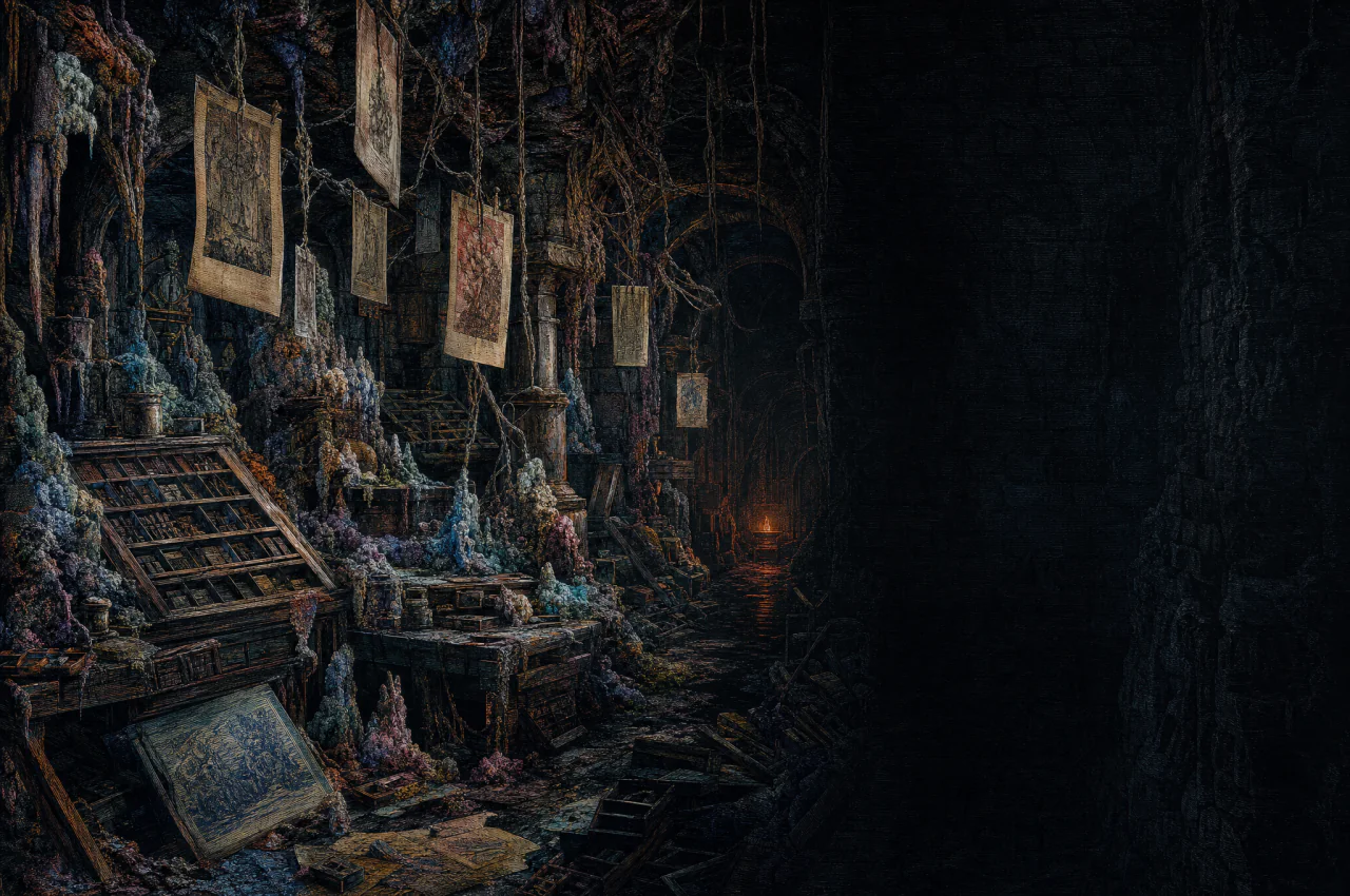 Proof sheets hang above abandoned presses in a dark ruined print room overtaken by mineral blooms.