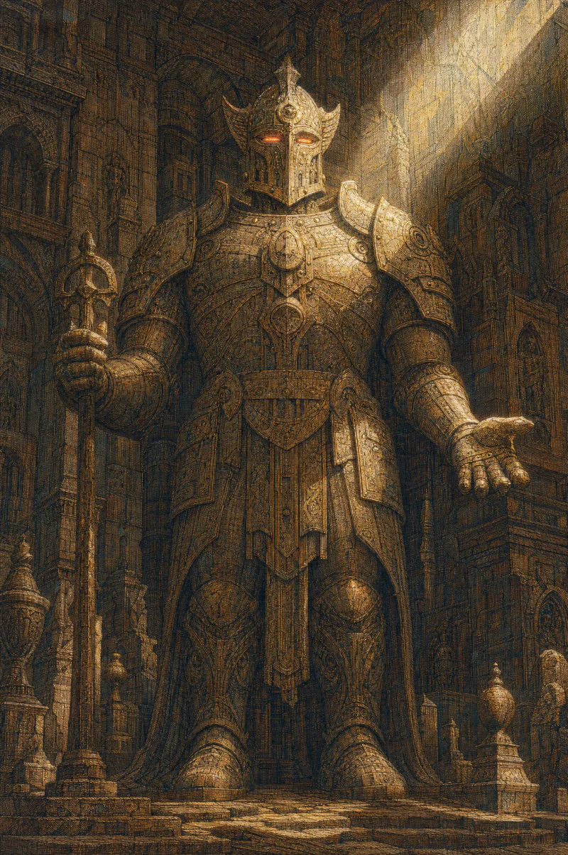 A monumental guardian of bronze, stone and intricate engraved armour stands at rest within ancient masonry.