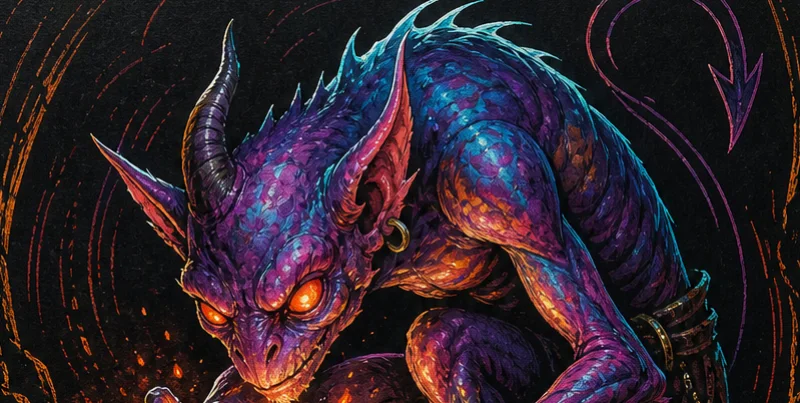 Ash Imp — a horned imp crouched over a burning censer, drawn in fine coloured engraving lines.